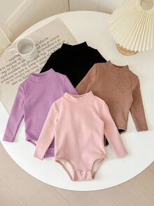 SHEIN LMoss Kids LMoss Baby Girl 4pcs/Set Newborn Baby Girl Cute Knit Solid Color Mock Neck Long Sleeve Bodysuit, Suitable For Autumn & Winter - Multicolor - View 5