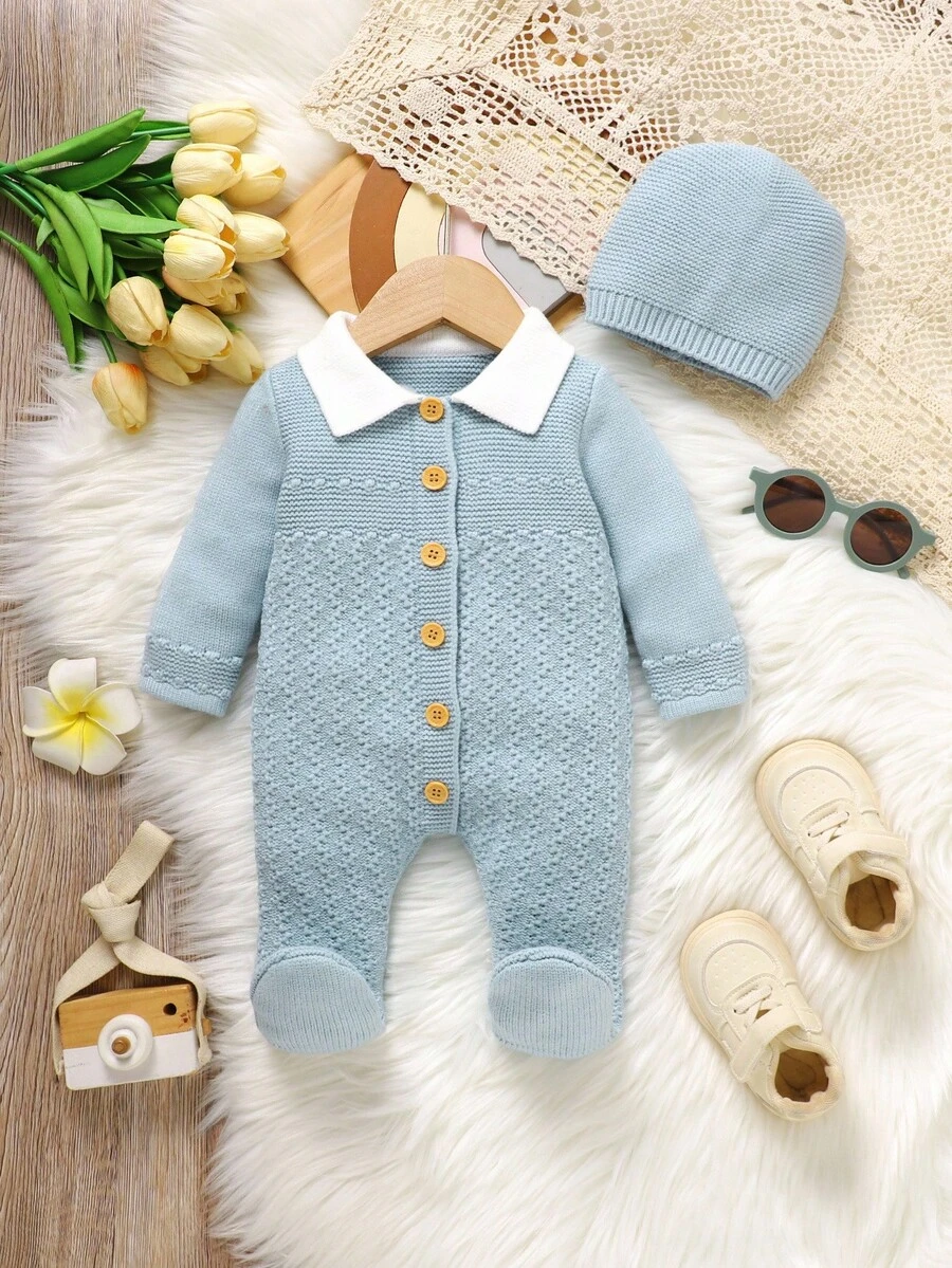 SHEIN Newborn Baby Autumn Contrast Color Lapel Long Sleeve Single-Breasted Knitted Jumpsuit Boy Light Blue Sweater Romper Fall Knit Outfit Kawaii - Baby Blue - View 1