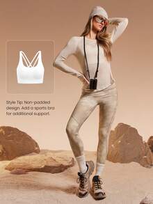 GLOWMODE X Discovery 美利奴羊毛柔软保暖轻盈撞色缝线拇指孔修身圆领美利奴羊毛混纺长袖上衣户外徒步日常运动服秋冬 - 米色 - 查看 5