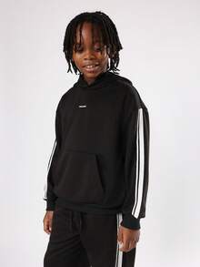 SUMWON Youth Boys Sporty Two Piece Outfit Side Stripe Hoodie Sweatpants Set With Centre Pocket Drawstring For School Daily Casual Wear Fall Winter - Black - View 3