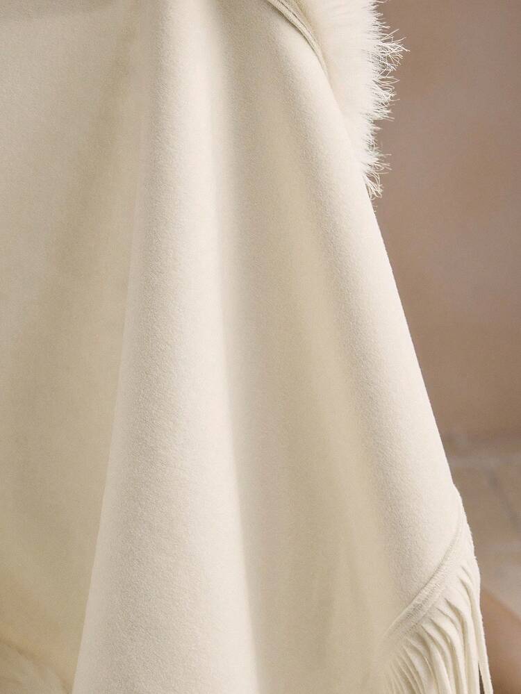 Elegante poncho/capa con cuello grueso y doble cara, con flecos en el bajo, para otoño/invierno