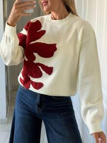 Vivie Lora Women's Floral Patchwork Colorblock Loose Knit Sweater Fall/Winter - Beige - View 1