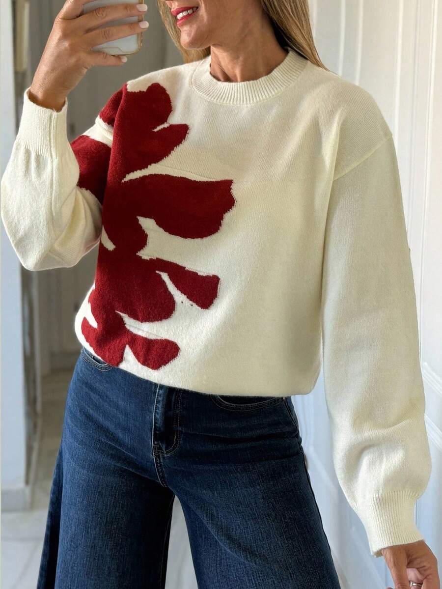 Vivie Lora Women's Floral Patchwork Colorblock Loose Knit Sweater Fall/Winter - Beige - View 1