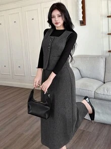 DAZY 女士休闲方领无袖上衣和裙子两件套，秋季 - 灰色 - 查看 1