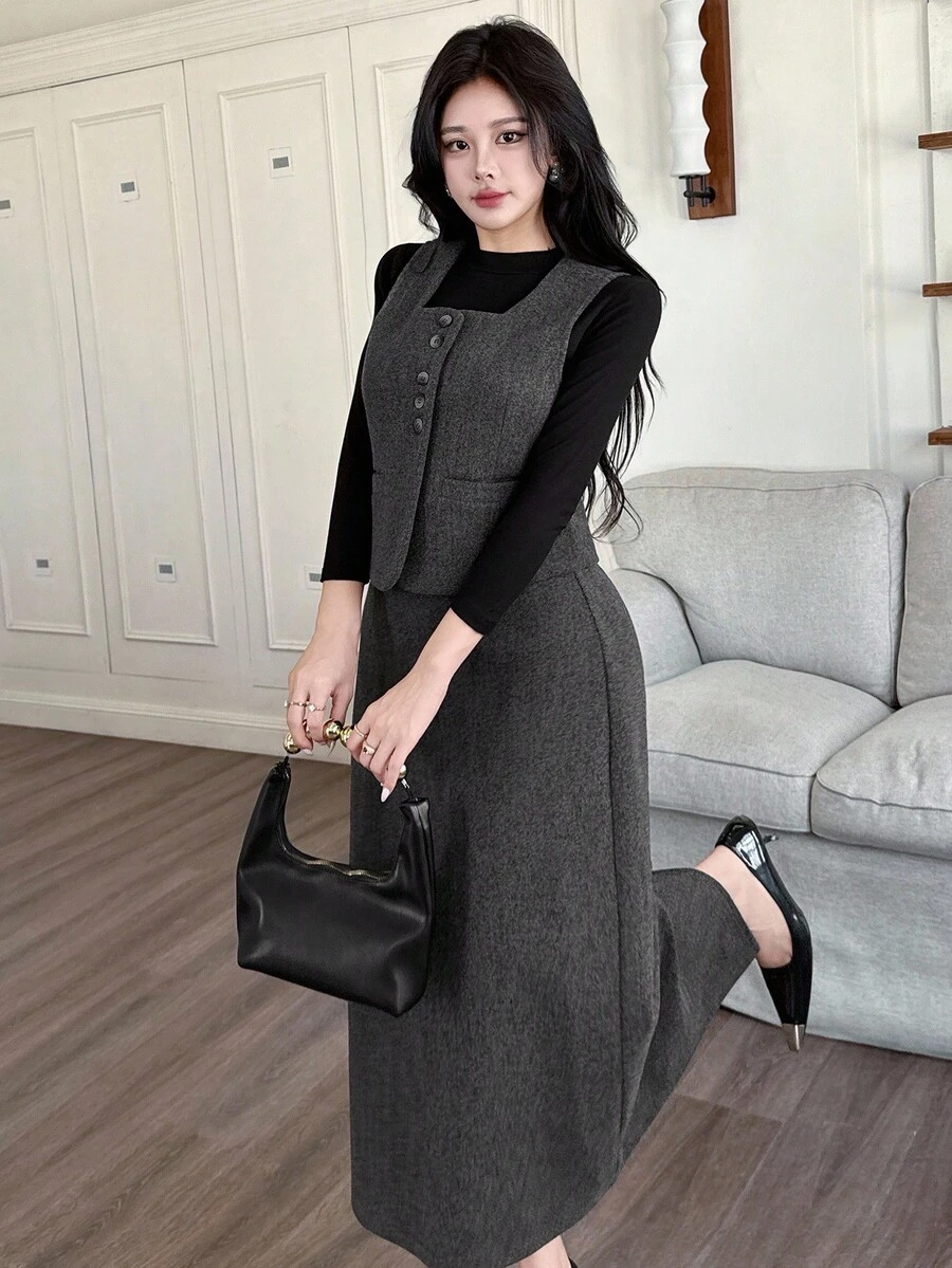 DAZY 女士休闲方领无袖上衣和裙子两件套，秋季 - 灰色 - 查看 1