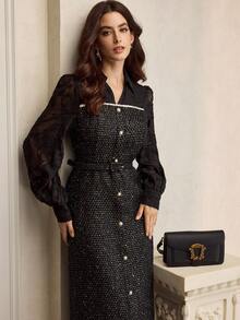 ZEYLAH Vestido feminino de tweed com recortes e patchwork, cintura marcada e corte em A - Preto - Ver 1