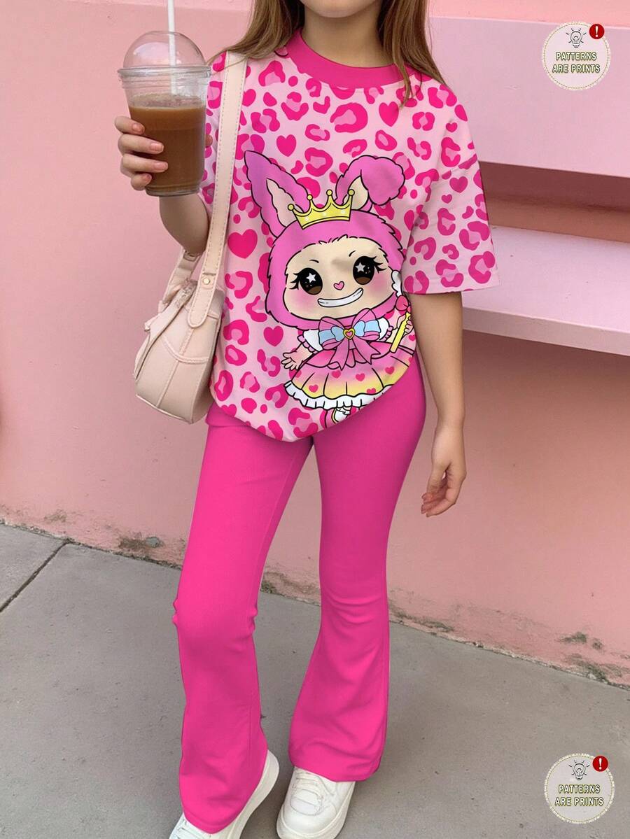 2pcs Tween Girls Casual Cute Cartoon Print, Pink Leopard Pattern, Sweet Short Sleeve T-Shirt And Pants Set, Suitable For Summer - Multicolor - View 1