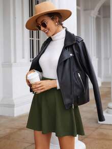 SHEIN Frenchy Women's Casual Versatile Solid Color A-Line Skirt Winter Elegant Green Christmas Spring - Army Green - View 5