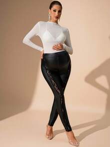 MaterniChic Pantaloni skinny da donna in gravidanza, colore tinta unita, vita regolabile, con inserti in pizzo e pelle sintetica - nero - Visualizzare 4