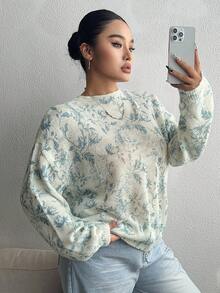 Dazy Plus 女式时尚花卉印花宽松加大码圆领套头衫，春秋季 - 淺藍色 - 查看 1