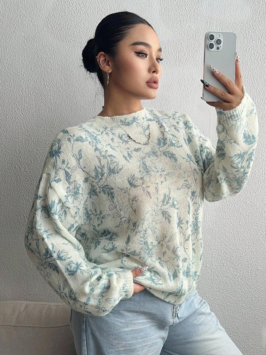 Dazy Plus 女式时尚花卉印花宽松加大码圆领套头衫，春秋季 - 淺藍色 - 查看 1