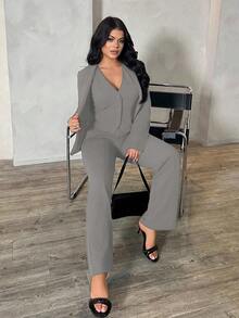 SHEIN SXY 三件套：灰色长袖西装外套、马甲和长裤，通勤和约会的性感套装，秋冬季女士灰色两件套，优雅裤装套装，舒适的秋冬季女装，商务休闲装。 - 灰色 - 查看 5