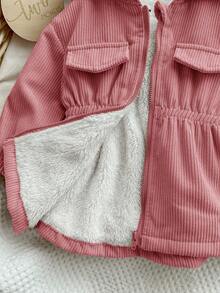 Áo khoác nỉ nhung kẻ có mũ trùm đầu dễ thương cho bé gái, Thu/Đông - Hồng - Xem 6