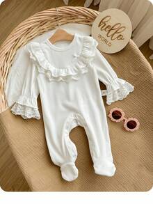 新生女宝宝可爱休闲针织弹力白色荷叶边长袖连体衣 - 白色 - 查看 2