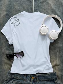 Rina Fox 女士圆领短袖休闲星星装饰时尚百搭T恤 - 淺藍色 - 查看 2