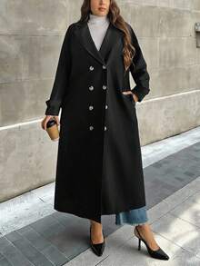 Firerie Plus Size Casual Solid Color Double-Breasted Windbreaker, Autumn Halloween Plus Size Fall Winter/Spring And Autumn Long-Sleeved Straight Double-Breasted Trench Coat With Pockets / Office Lady's Daily Wear Thin Coat / Suit Collar Contrast Button Coat