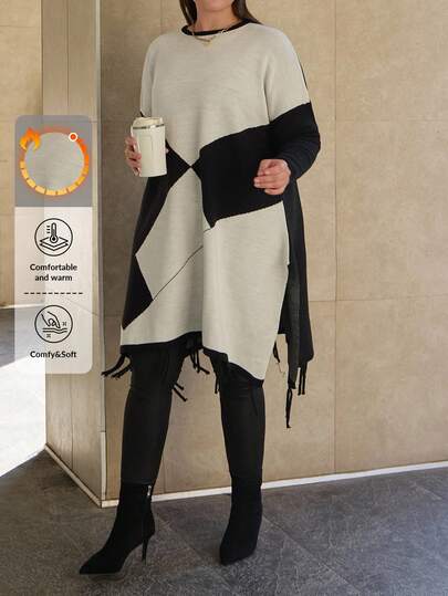 EURMUSE PLUS SIZE LOOSE FİT Colorblock Fringe Hem SWEATER, For Winter
