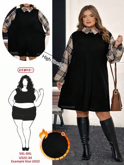 SHEIN CURVE+ Plus-Size Women's Winter Casual Checkered Floral A-Line Dress