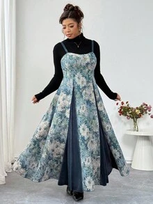 Elenzga Ärmelloses Kleid in Große Größen für Damen, dickgewebtes Kleid mit blauem Samt-Patchwork, 3D Blumen-Ausschnitt-Design, taillierend, A-Linie Silhouette, elegant & anspruchsvoll, vielseitig für Ausflüge und Nachmittagstee, Midi-Länge, Herbst/Winter - Verschiedenfarbig - Übersicht 6