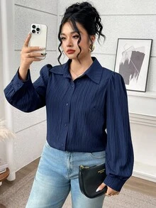 Modelyn Plus Size Casual Solid Color Puff Sleeve Shirt