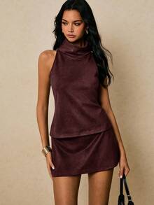 Poéselle Women's Summer Fashion Commuter Solid Color Mandarin Collar Camisole,Brown Top - Coffee Brown - View 7