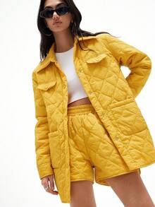 Aveloria GENKIRA 女士秋冬新款翻盖口袋轻薄棉服衬衫、宽松中长款棉服外套 - 黃色 - 查看 1