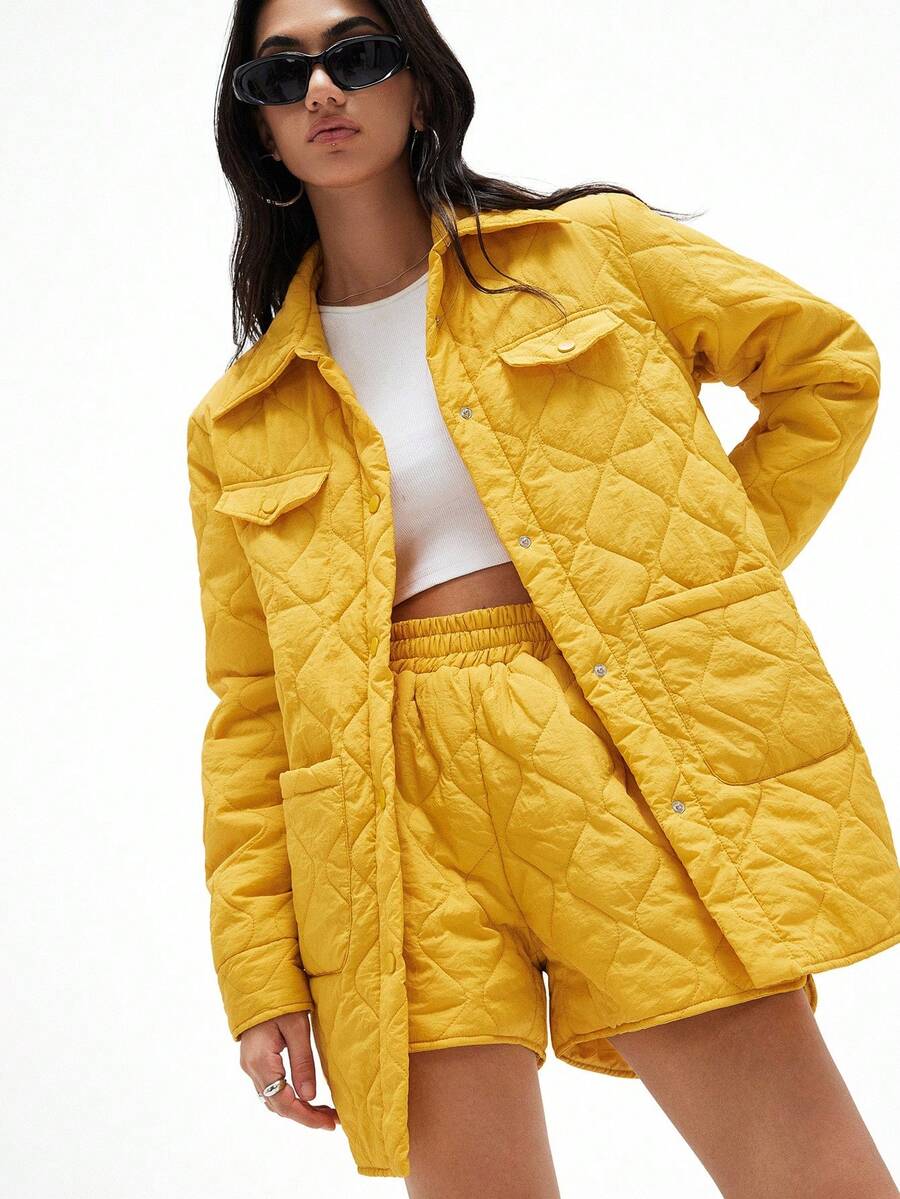 Aveloria GENKIRA 女士秋冬新款翻盖口袋轻薄棉服衬衫、宽松中长款棉服外套 - 黃色 - 查看 1