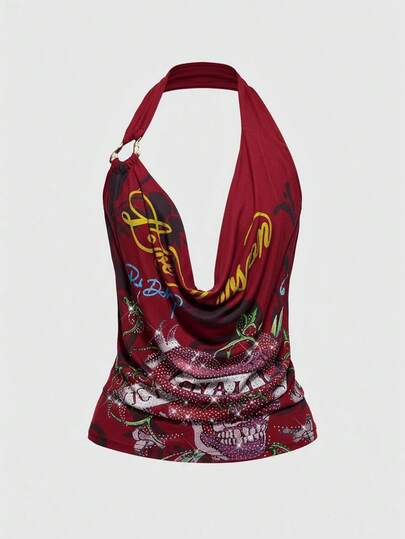 Grunge Punk Top sin mangas con cuello profundamente drapeado, estilo retro Y2K sexy para mujeres con estampados de calavera, enredadera y corazón con rhinestones
