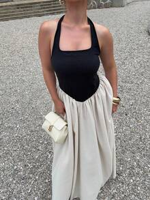 Jeta Ari 黑白撞色连衣裙，露背连衣裙，长裙，节日连衣裙，1 件女士露背撞色连衣裙，优雅无袖，适合日常穿着、外出、通勤、度假、约会等场合 - 彩色 - 查看 3