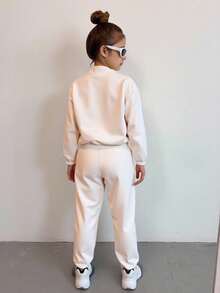 SHEIN 2pcs/Set Girls Casual Zip-Up Collar Sweatshirt And Sweatpants Set, Stylish Daily Outfit For Tween Girls Fall Winter - Beige - View 2