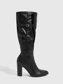 CUCCOO SZL Women's Black Over-The-Knee Boots, Chunky Heel, Strap & Lace-Up, Fashion Shoes, High Boots, Pointed Toe - Black - View 2