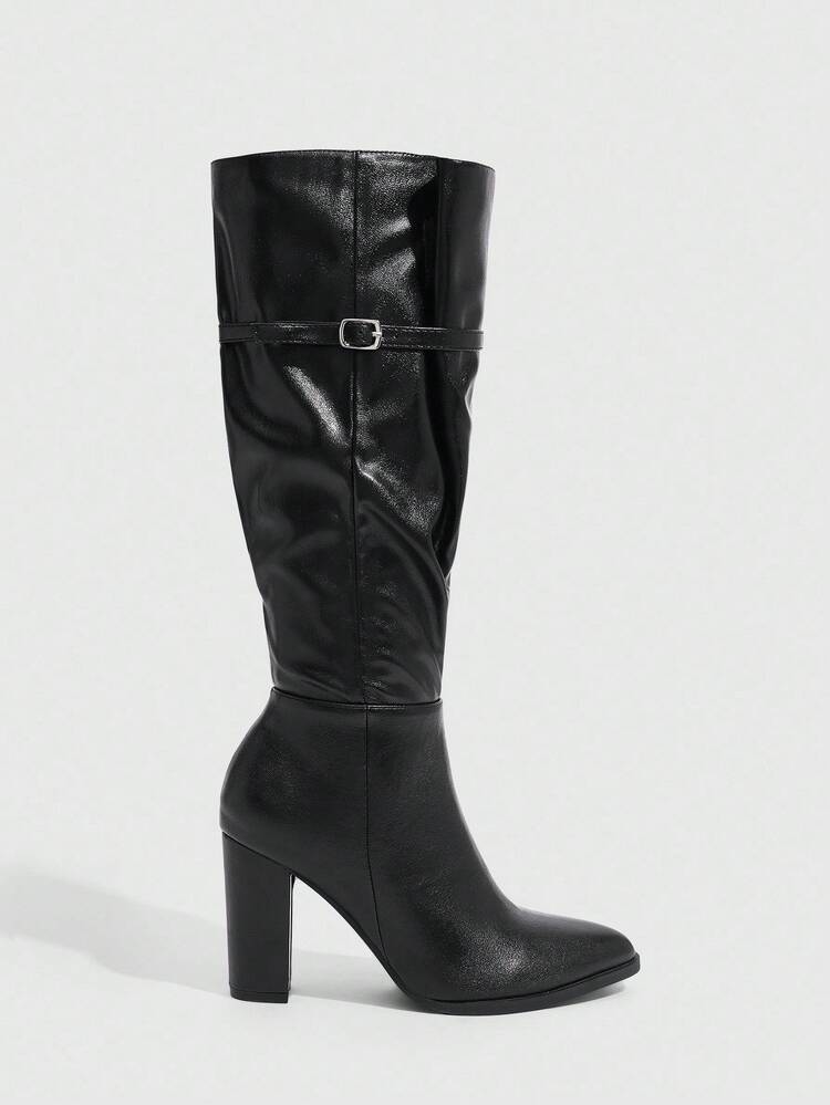 CUCCOO SZL Women's Black Over-The-Knee Boots, Chunky Heel, Strap & Lace-Up, Fashion Shoes, High Boots, Pointed Toe