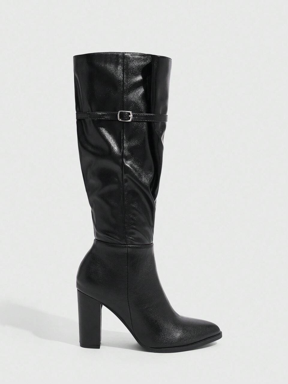 CUCCOO SZL Women's Black Over-The-Knee Boots, Chunky Heel, Strap & Lace-Up, Fashion Shoes, High Boots, Pointed Toe