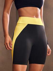 Powerista Quần short thể thao cạp cao liền mạch họa tiết chắp vá màu tương phản - Màu vàng ngỗng - Xem 5