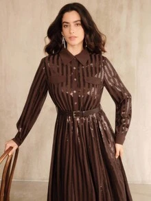 Anewsta Autumn/Winter Deep Coffee French Chic 3D Beaded Sequin Striped Tie-Waist Long Sleeve Shirt Dress For Women, Elegant, Formal, Chic, Suitable For New Year, Christmas, Work, Graduation, Wedding - Coffee - View 6