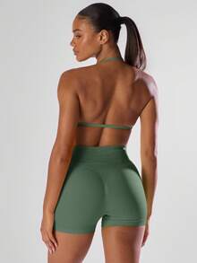 Musera Sport Solid Ruched Bust Open Back Halter Sports Bra, Active Comfy Workout Gym Running Run Club Gym Yoga Pilates Fitness Daily Casual - Army Green - View 2