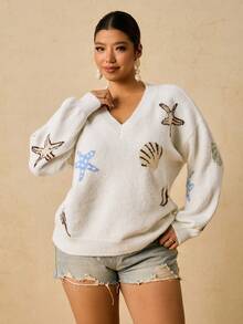 SHEIN VCAY Suéter de punto informal con temática oceánica, talla grande, otoño/invierno - Blanco - Ver 5