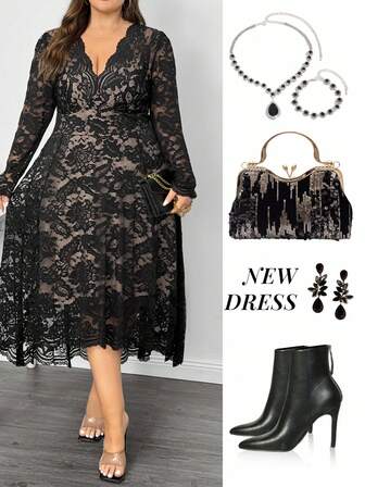 SHEIN CURVE+ 大码曲线女式蕾丝V领拼接连衣裙，前短后长，浪漫优雅长袖连衣裙，适合秋冬季节，宾客派对礼服，户外装，节日礼服，圣诞派对礼服，针织连衣裙，新年套装/秋冬