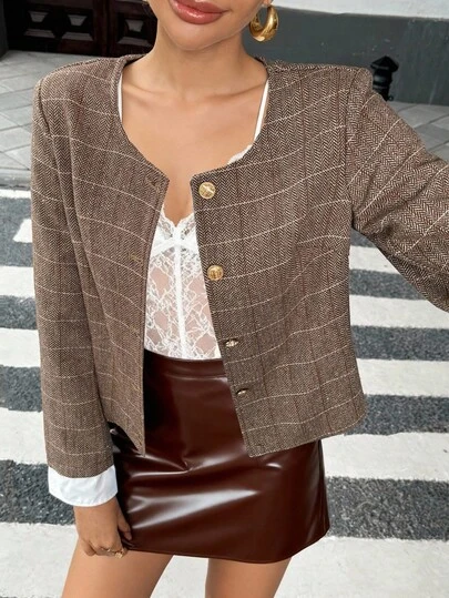 Chiquease Chaqueta elegante de mujer con mangas largas, botones metálicos y estampado de cuadros para otoño