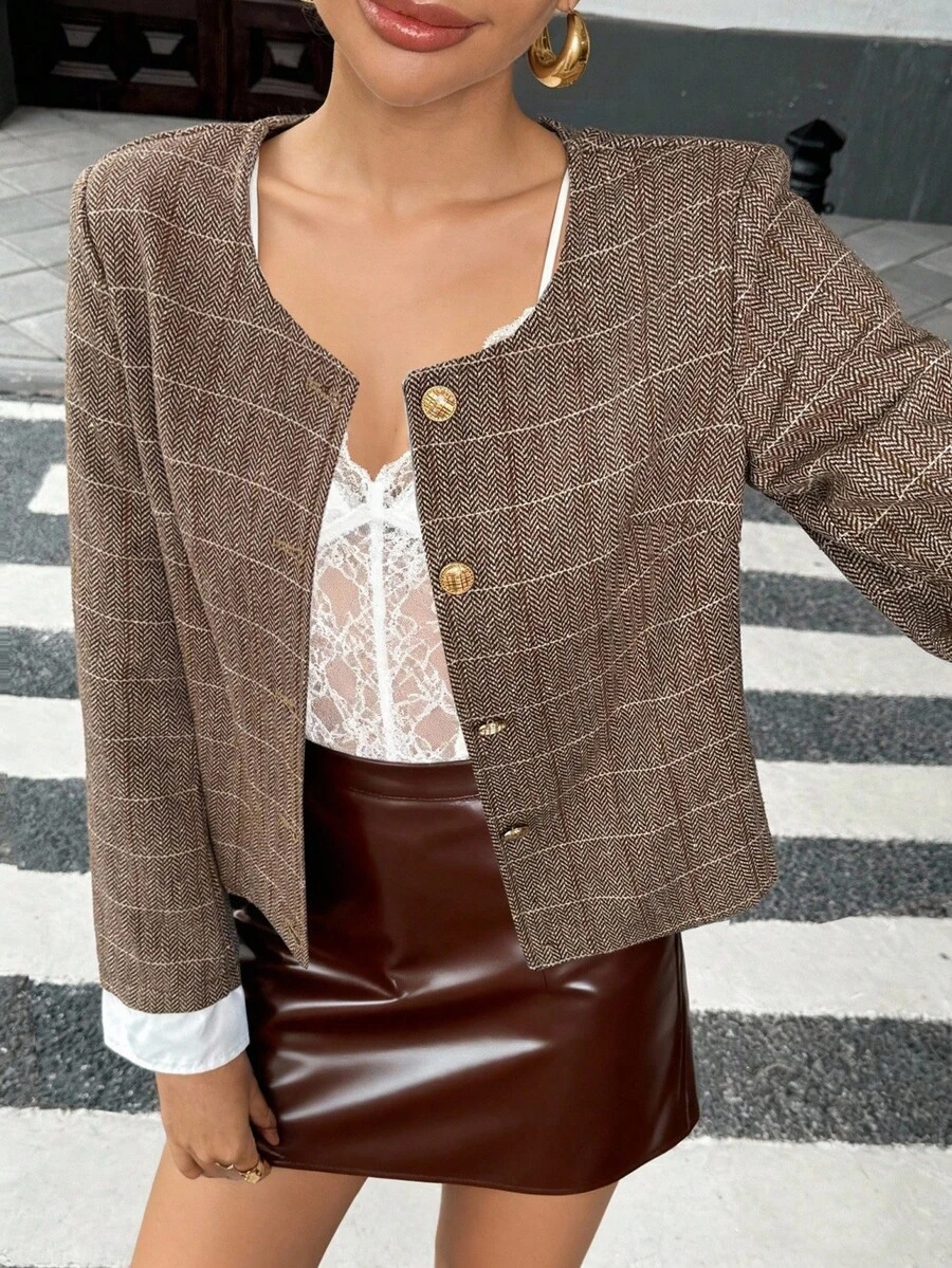 Chiquease 女式秋季格纹长袖金属纽扣优雅夹克 - 咖啡棕 - 查看 1