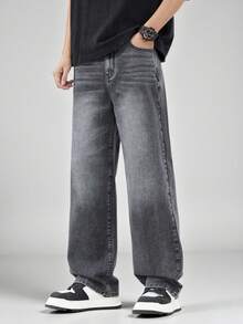 SHEIN Explorewe 青少年男孩休闲户外百搭简约舒适时尚单品水洗黑猫须斑驳松紧腰宽松直筒阔腿牛仔裤