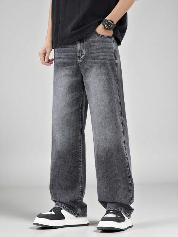 SHEIN Teenager Jungen Lässige Outdoor Vielseitige Einfache Bequeme Mode Gewaschen Schwarz Katze Schnurrbart Marmoriert Elastischer Bund Locker Gerade Weites Bein Jeans