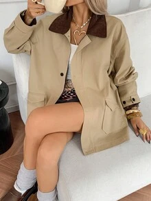 DAZY 女士撞色翻领宽松休闲常规夹克外套 - 卡其色 - 查看 5
