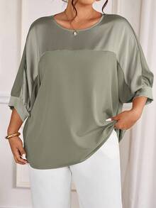 Cravure Plus Size Round Neck 3/4 Sleeve Foil Fabric Patchwork Contrast Color Woven Fabric Cuff Raglan Sleeve Casual Outgoing Holiday Commute Party Pullover Shirt - Green - View 4