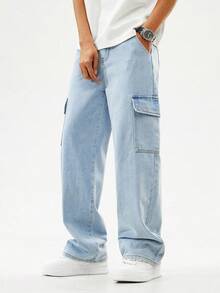 SHEIN Teen Boys' Casual Washed Light Blue Cargo Jeans, Comfortable Relaxed Fit With Elastic Waistband