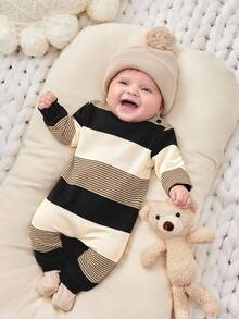 SHEIN 新生女宝宝休闲可爱针织条纹长袖按扣裆连体衣，适合秋冬季室内外穿着，婴儿派对礼物 - 彩色 - 查看 4