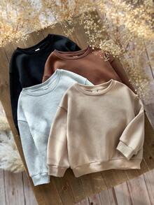 SHEIN Emery Rose Kids 4件組女童素色保暖內裡長袖圓領運動衫，冬季校園簡約衛衣，適合兄弟姊妹搭配，可愛秋季款 - 彩色 - 查看 3