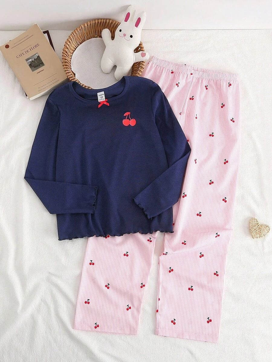 Genkimix Kids 女童蓝灰色樱桃印花长袖上衣和罗纹休闲裤家居服套装 - 彩色 - 查看 1