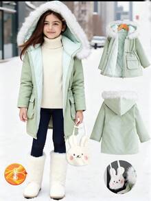 SHEIN 1件女童加厚保暖羽绒服，带帽拉链口袋，休闲外套，适合秋冬季节穿着，时尚百搭，附赠斜挎包 - 綠色 - 查看 3