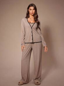 Lazeform 3pcs Women Casual Solid Color Fitted Long Sleeve Jacket, Camisole And Pants Loungewear Set, Cozy Outfit, Fall Clothes